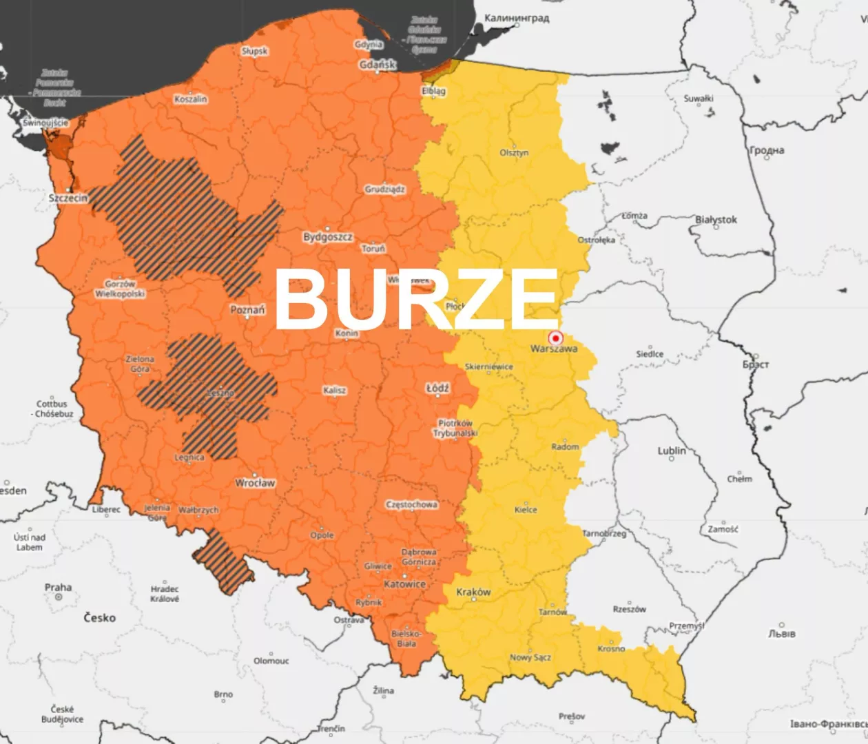 Mapa ostrzeżeń IMGW o burzach